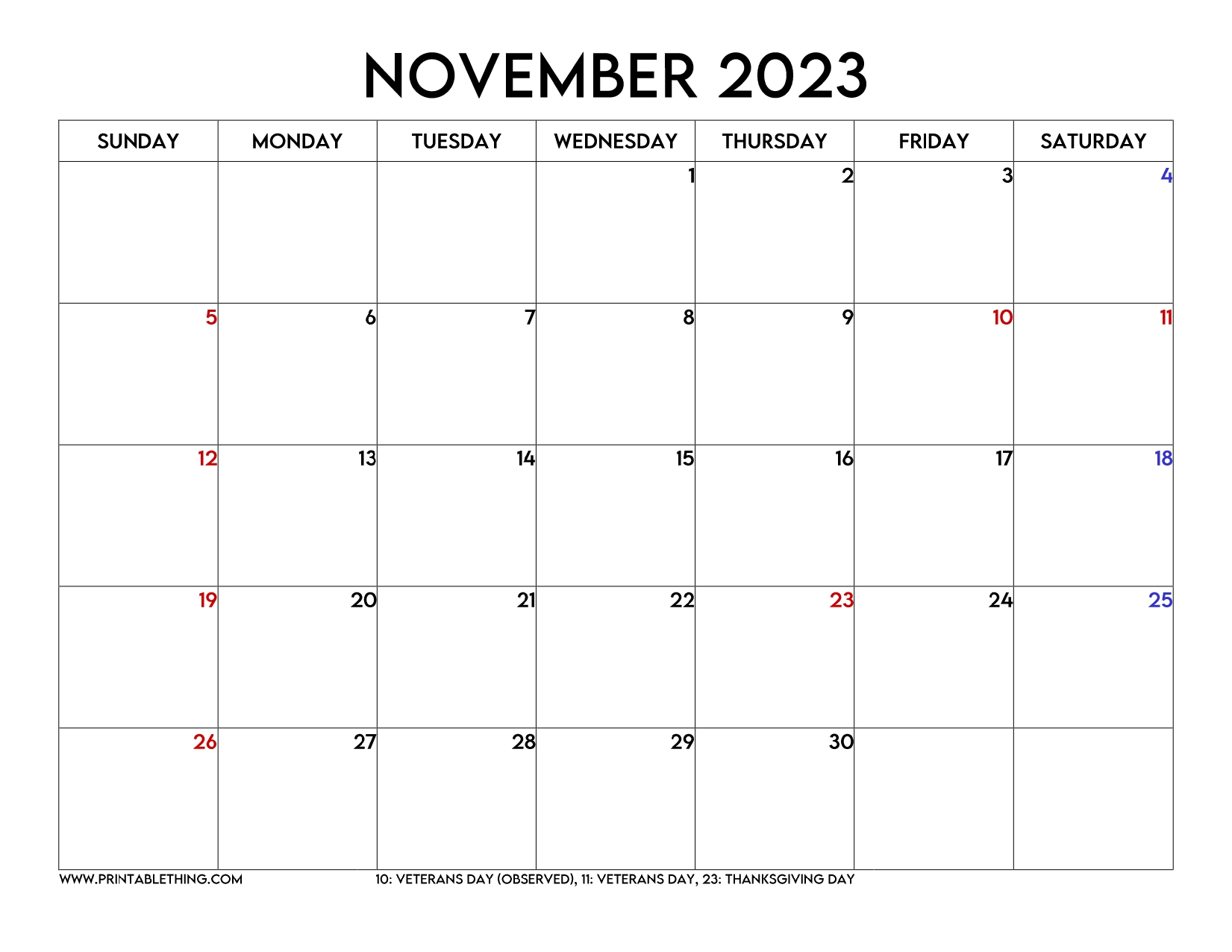 5+ November 2023 Calendar PDF Printable with Holidays Free Templates