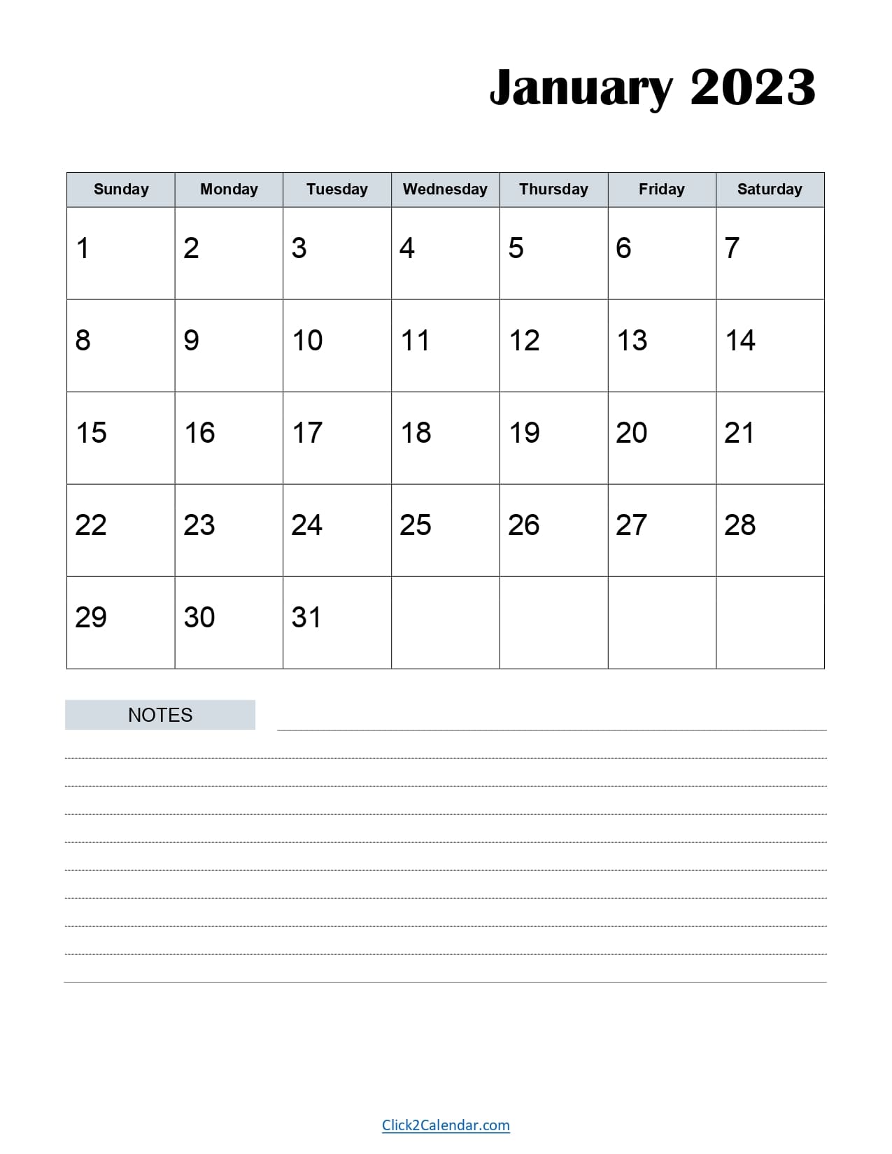 January 2023 Calendar Printable PDF with Holidays Free Templates