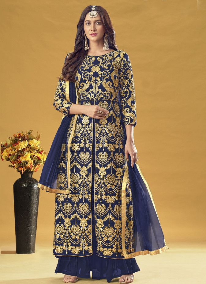Exceptional Blue Color With Hand Worked Desinger Sharara Suits