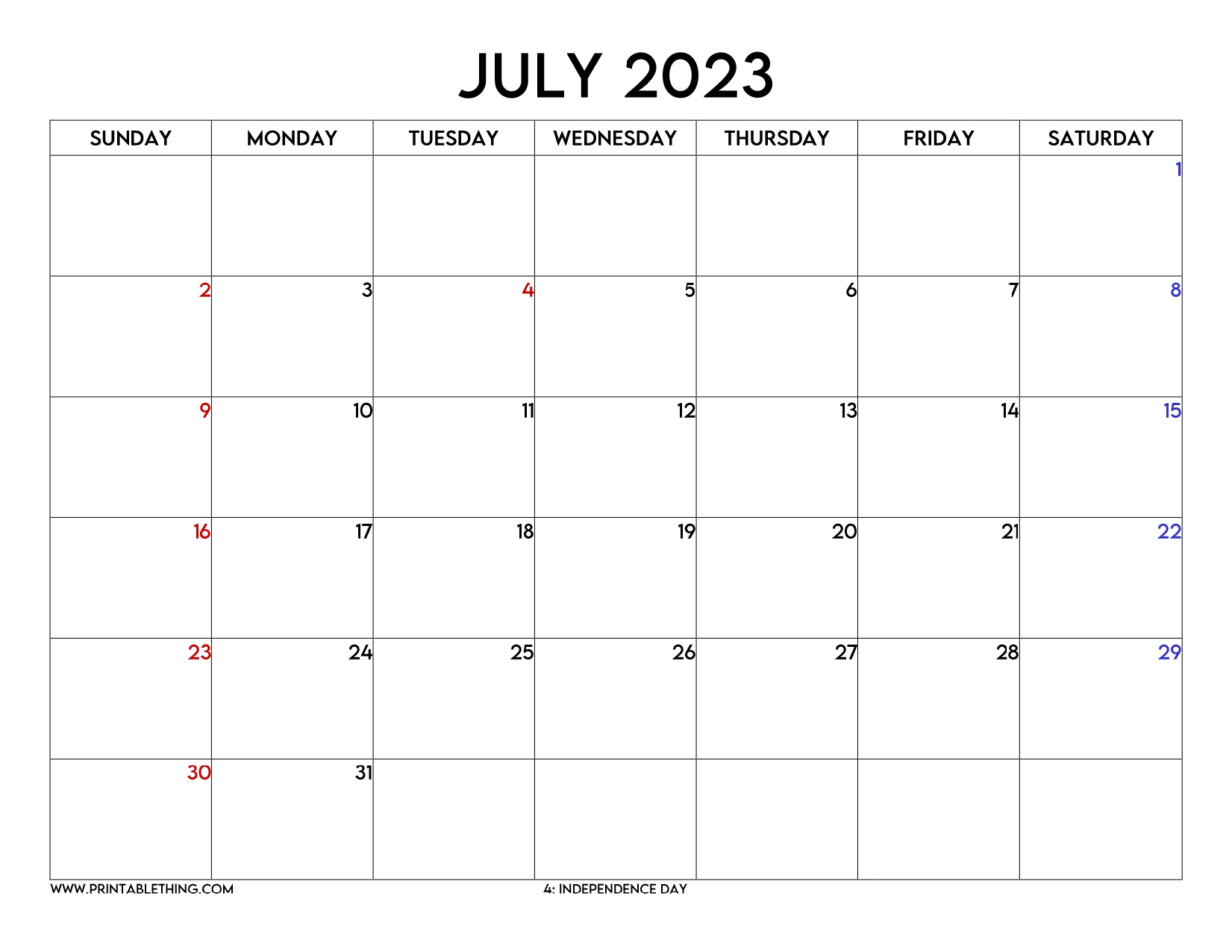 5+ July 2023 Calendar PDF Printable with Holidays Templates