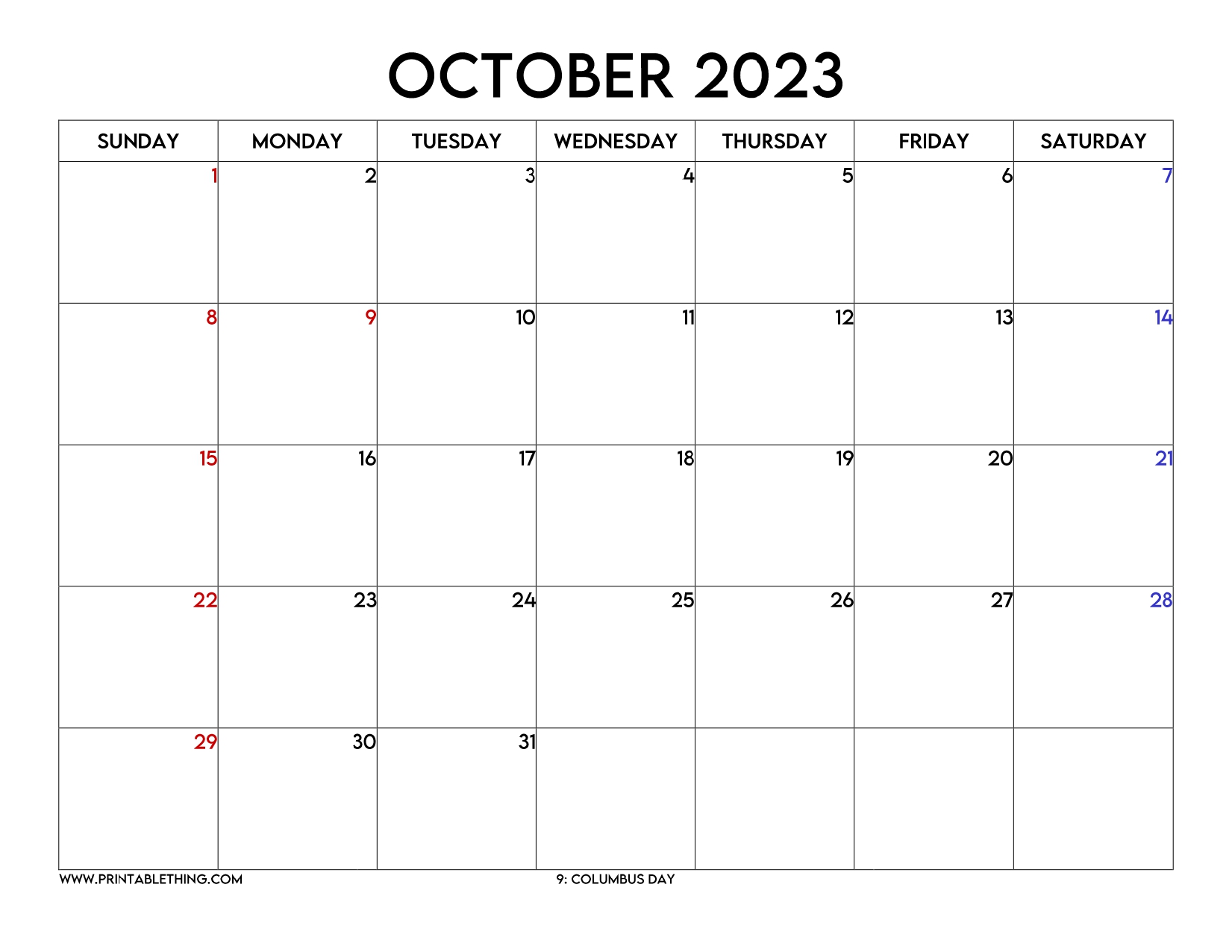 5+ October 2023 Calendar PDF Printable with Holidays Free Templates