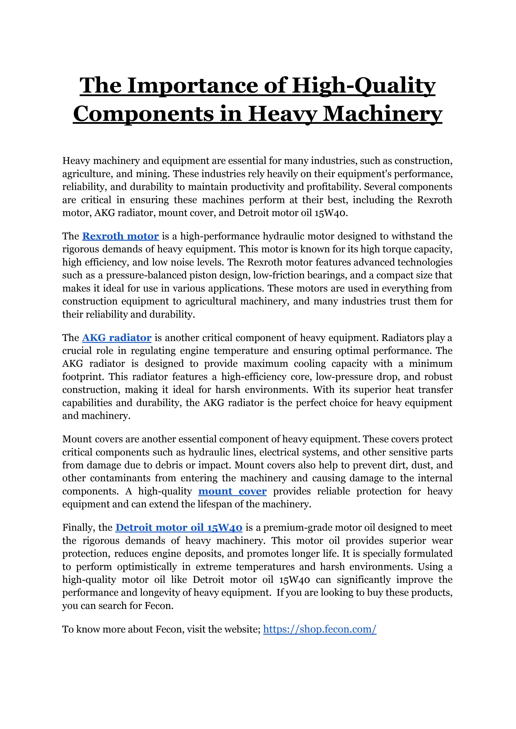 The Importance of High-Quality Components in Heavy Machinery