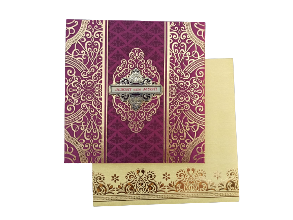 “Sophisticated Charm: Valet Color Wedding Card with Golden Border” – myMandap Invitation Cards