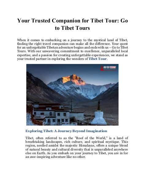 Your Trusted Companion for Tibet Tour: Go to Tibet Tours