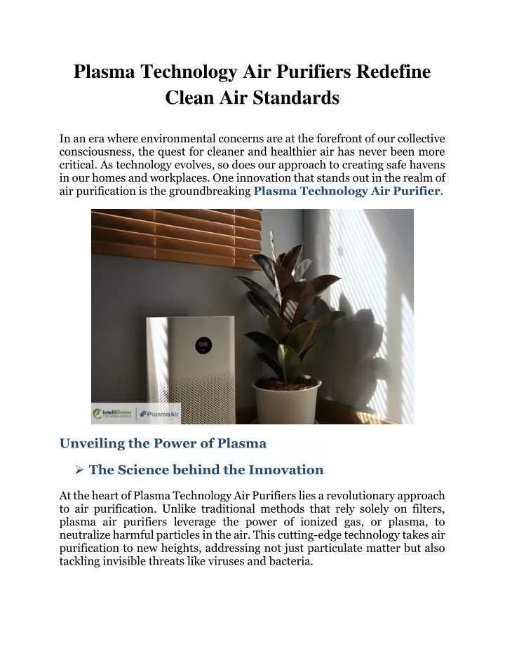 PPT - Plasma Technology Air Purifiers Redefine Clean Air Standards PowerPoint Presentation - ID:12872965
