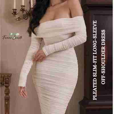 Pleated Slim-Fit Long-Sleeve Off-Shoulder Dress Profile Picture