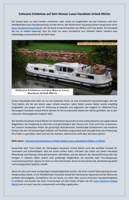 Ihr Luxusurlaub auf dem Wasser Exklusive Hausboote Müritz | PDF